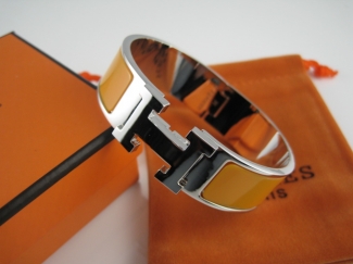 Hermes Yellow Enamel Clic H Bracelet Narrow Width (18mm) In Silver
